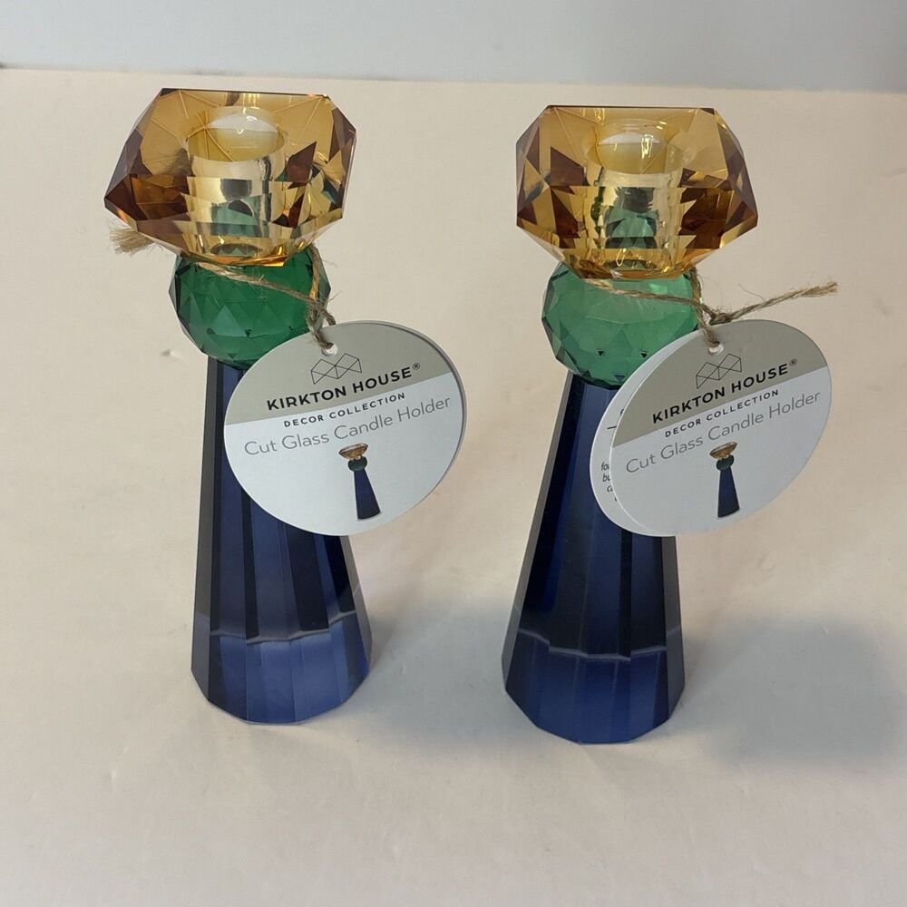 Kirkton House 7.48” High Gold Green Blue Cut Crystal Glass 2 Candle Holders NWT